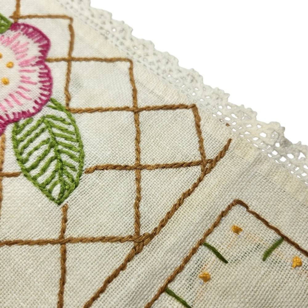 Vintage Hand-embroidered Linen Floral Table Runner Dresser Scarf 12